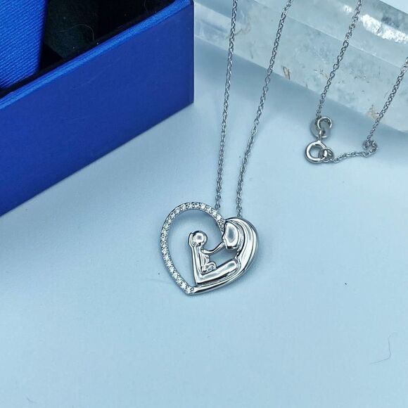Sterling Silver Mother Child Heart Pendant Necklace - Picture 3 of 5